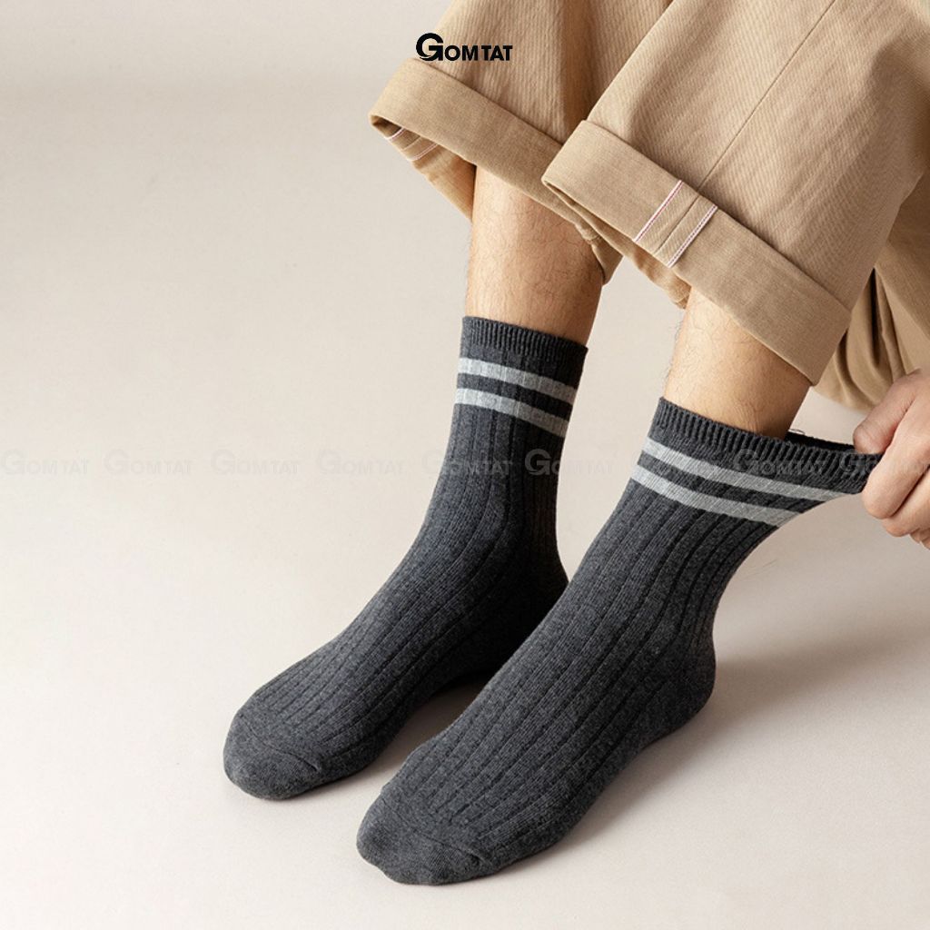Set 10 đôi vớ cổ cao nam nữ sọc ngang GOMTAT, chất cotton dày dặn mềm mại, thấm hút tốt - CB202-CB10