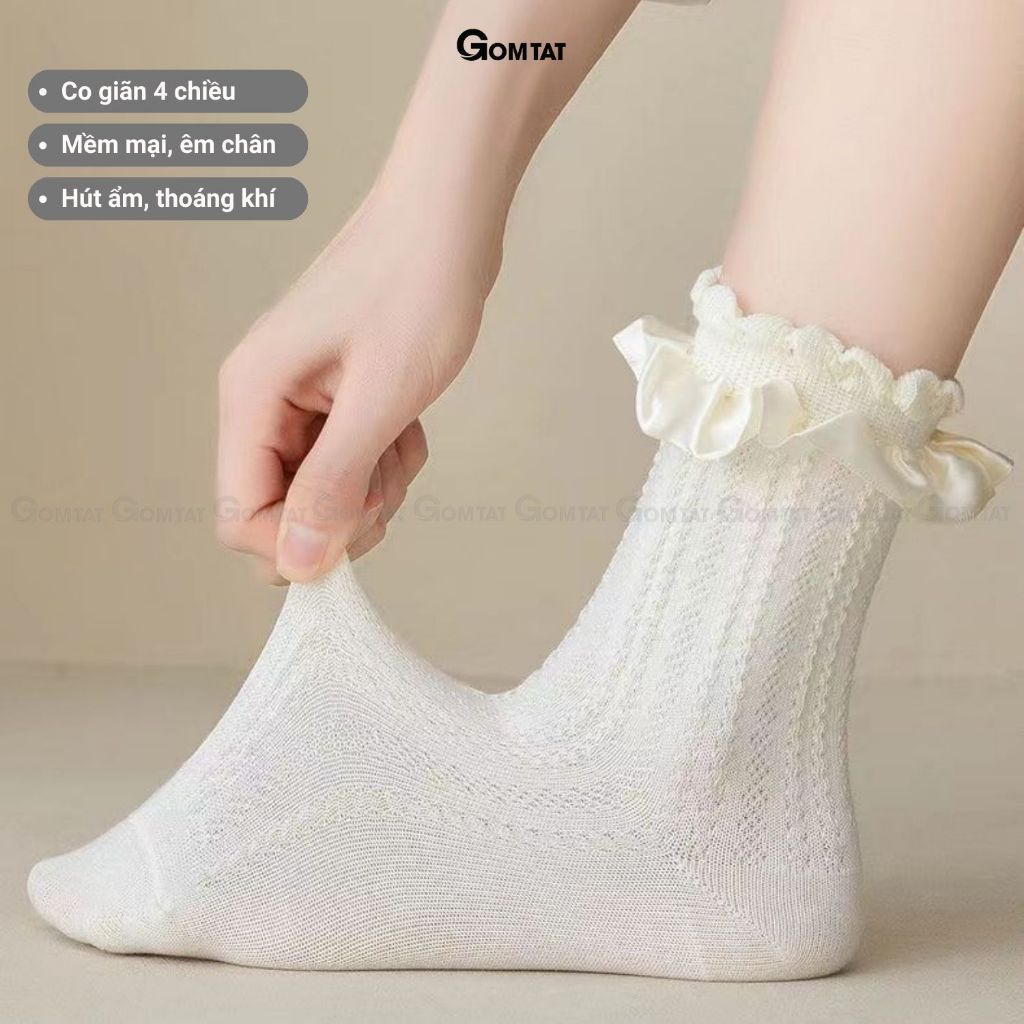 Combo 5 đôi tất lolita nữ cổ trung GOMTAT, chất liệu polyester mềm mịn, thiết kế viền ren dễ thương - HOT-1802-CB5