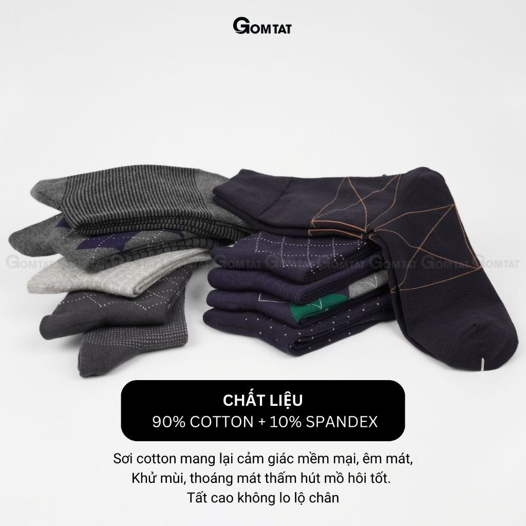 Hộp 10 đôi tất cổ cao công sở nam GOMTAT màu xám và xanh, chất liệu cotton, khử mùi thoáng khí - GOM-MIX18-CB10
