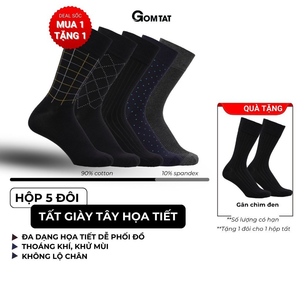 Hộp 5 đôi tất nam cao cổ đi giày tây GOMTAT mẫu MIX01, chất cotton cao cấp, hút ẩm - GOM-MIX01-CB5