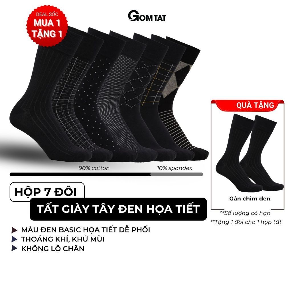 Hộp 7 đôi tất giày tây nam cổ cao tone màu đen GOMTAT mẫu MIX10, sợi cotton cao cấp thoáng khí - GOM-MIX10-CB7