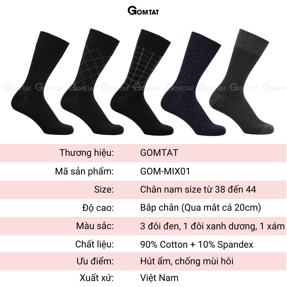 Hộp 5 đôi tất nam cao cổ đi giày tây GOMTAT mẫu MIX01, chất cotton cao cấp, hút ẩm - GOM-MIX01-CB5