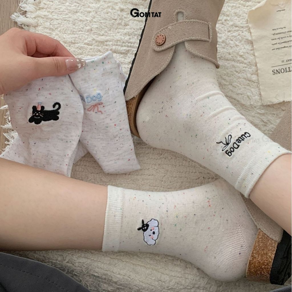 Set 5 đôi vớ nữ cổ cao GOMTAT họa tiết cute, tất nữ cotton cao cấp mềm mại, êm chân – JIN-2512-CB5