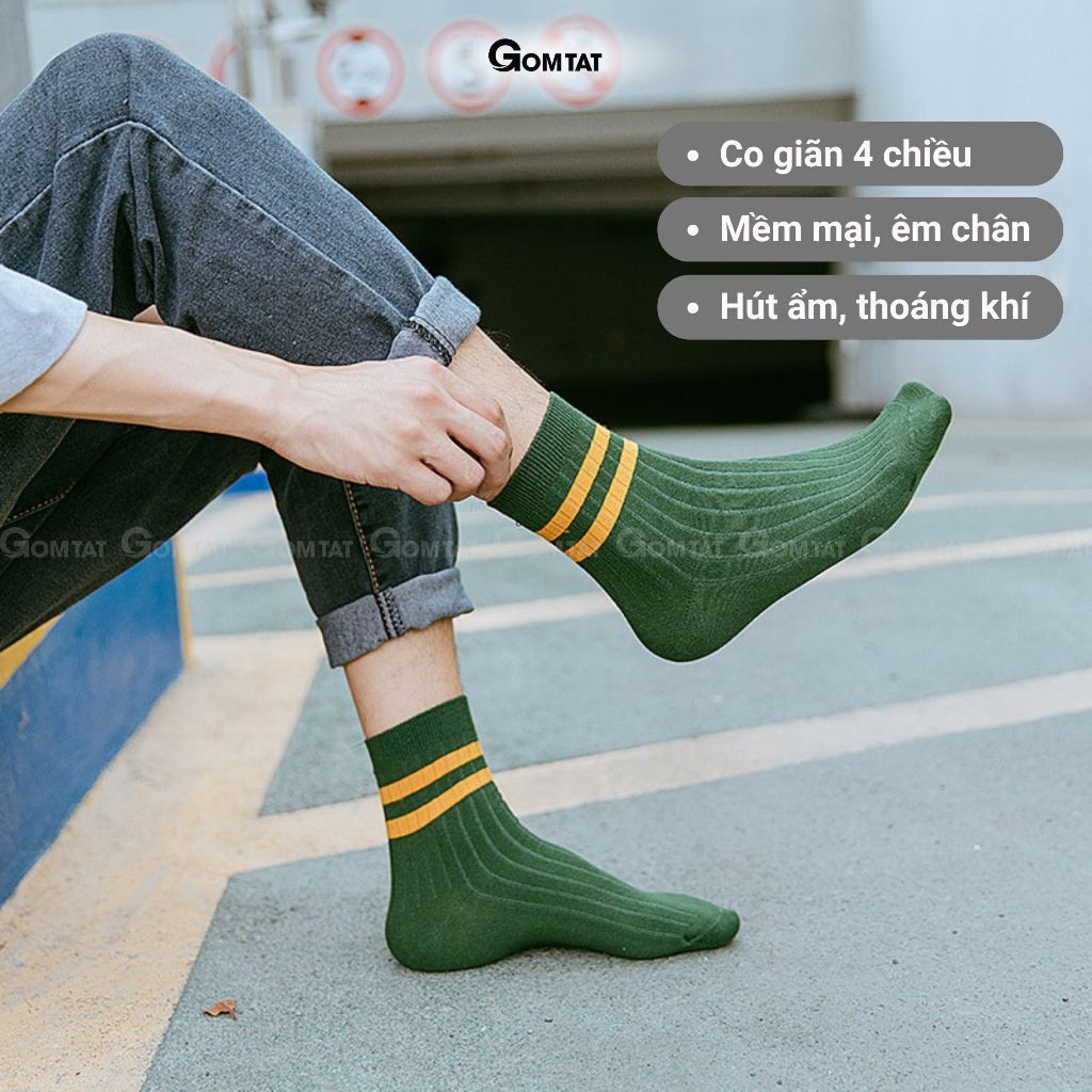 Set 10 đôi vớ cổ cao nam nữ sọc ngang GOMTAT, chất cotton dày dặn mềm mại, thấm hút tốt - CB202-CB10