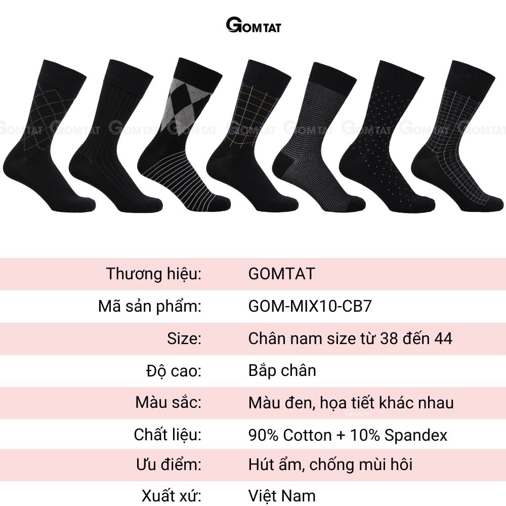 Hộp 7 đôi tất giày tây nam cổ cao tone màu đen GOMTAT mẫu MIX10, sợi cotton cao cấp thoáng khí - GOM-MIX10-CB7