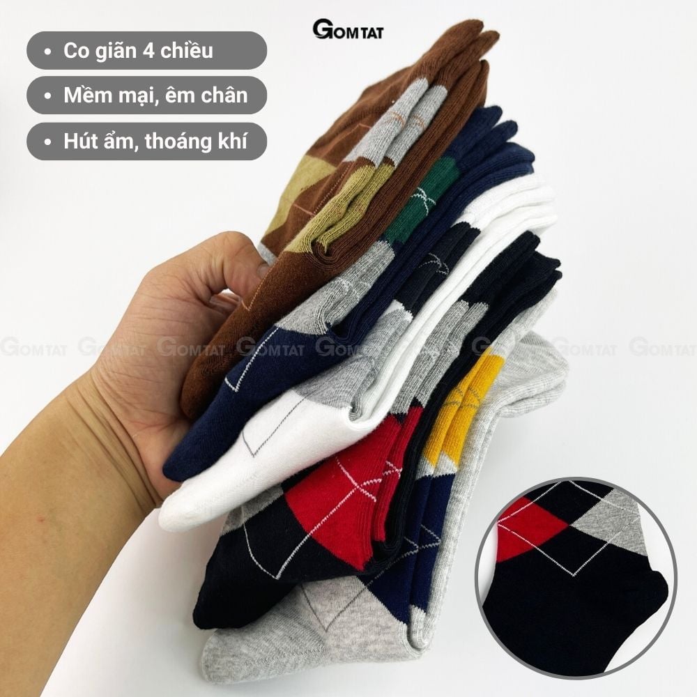 Hộp 5 đôi tất nam cao cổ đi giày tây GOMTAT hoạ tiết quả trám sợi cotton cao cấp - GOM-QUATRAM-CB5