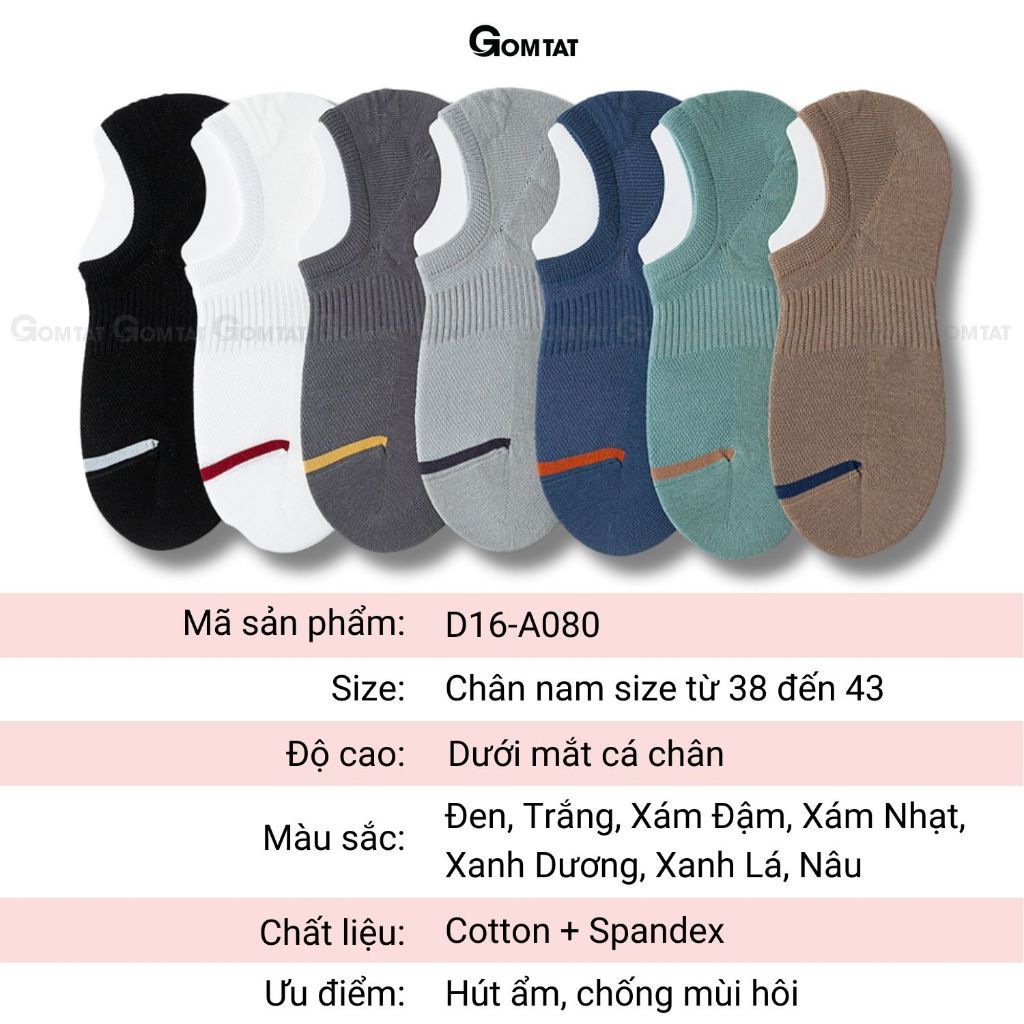 Combo 7 đôi tất ngắn nam chống tuột gót GOMTAT, vớ nam đi giày lười chất liệu cotton hút ẩm, mềm mại - D16-A080-CB7