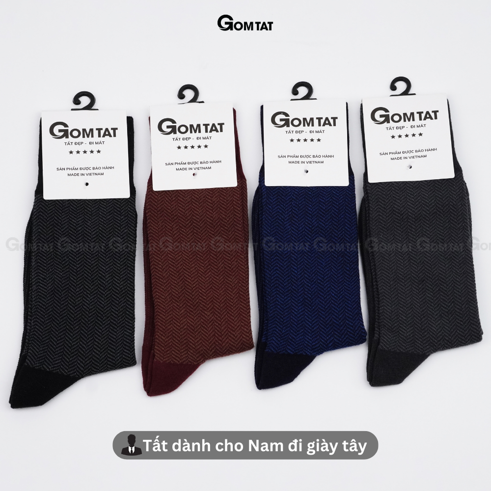 Hộp 4 đôi tất nam công sở GOMTAT mẫu sọc xương cá, chất liệu cotton cao cấp thoáng khí êm chân  -GOM-MIX14-CB4