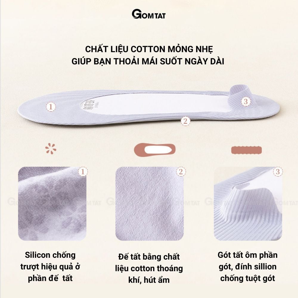 Combo 5 đôi tất đi giày lười nữ GOMTAT, có đệm silicon chống tuột gót, chất liệu cotton êm chân - BUB-KOL-1302-CB5