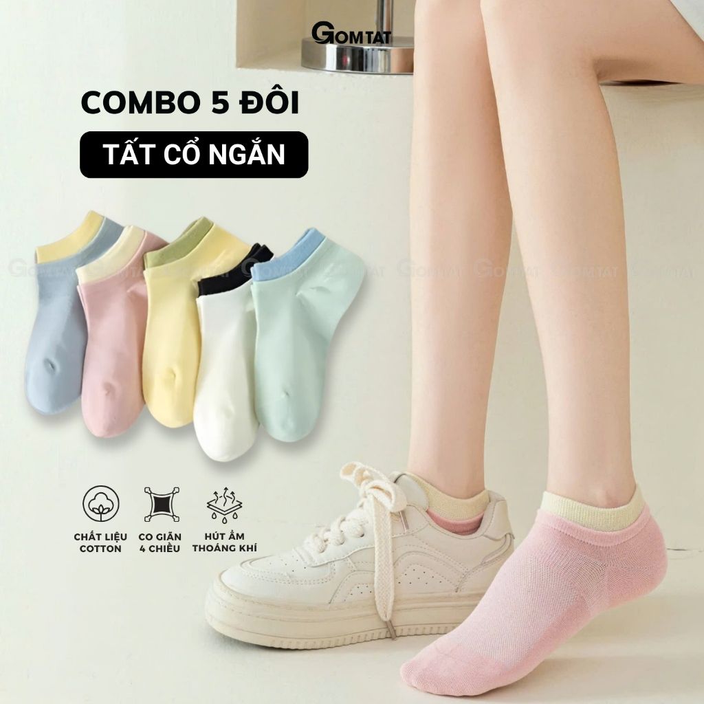 Combo 5 đôi tất chân nữ cổ ngắn chất liệu cotton cao cấp, vớ màu cho nữ mềm mại, êm chân hút ẩm thoáng khí -D16-A100-CB5
