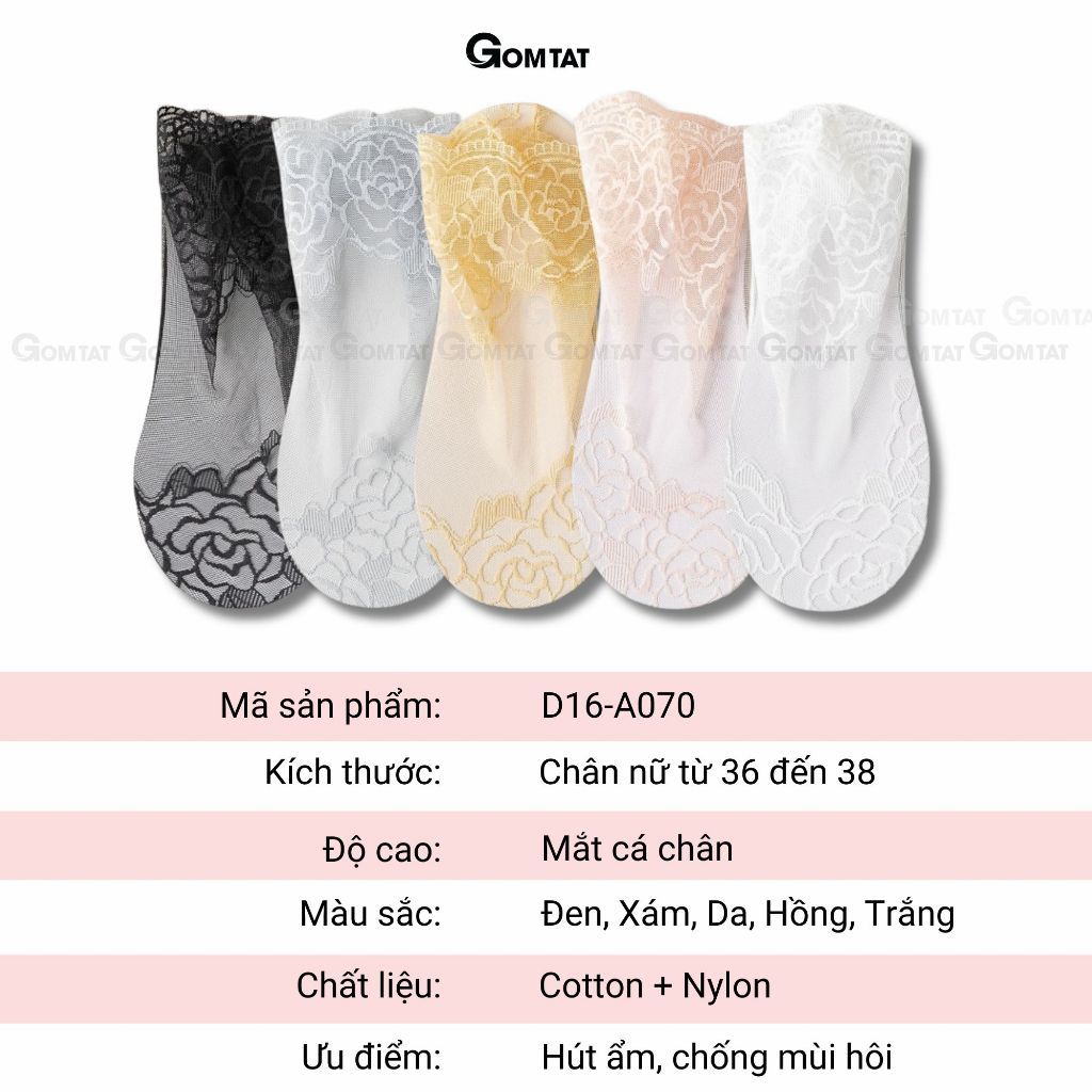 Combo 5 đôi tất nữ cổ ngắn GOMTAT họa tiết ren, vớ ren nữ đế cotton mềm mịn, thoáng khí khử mùi tốt - D16-A070-CB5