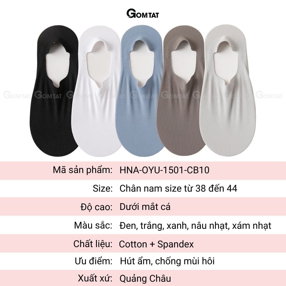 Combo 10 đôi vớ lười nam chống tuột gót GOMTAT, chất liệu cotton êm chân khử mùi kháng khuẩn - HNA-OYU-1501-CB10