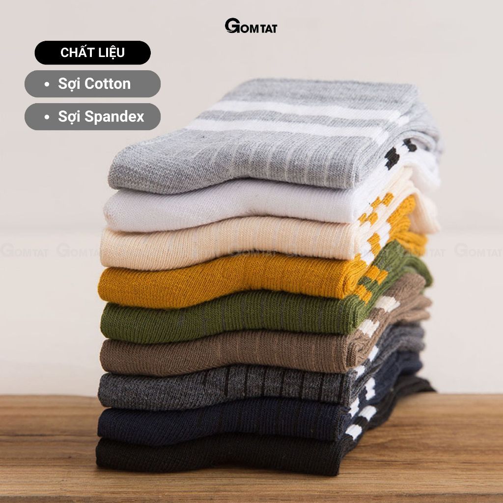 Set 10 đôi vớ cổ cao nam nữ sọc ngang GOMTAT, chất cotton dày dặn mềm mại, thấm hút tốt - CB202-CB10