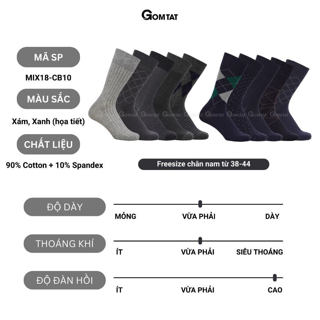 Hộp 10 đôi tất cổ cao công sở nam GOMTAT màu xám và xanh, chất liệu cotton, khử mùi thoáng khí - GOM-MIX18-CB10