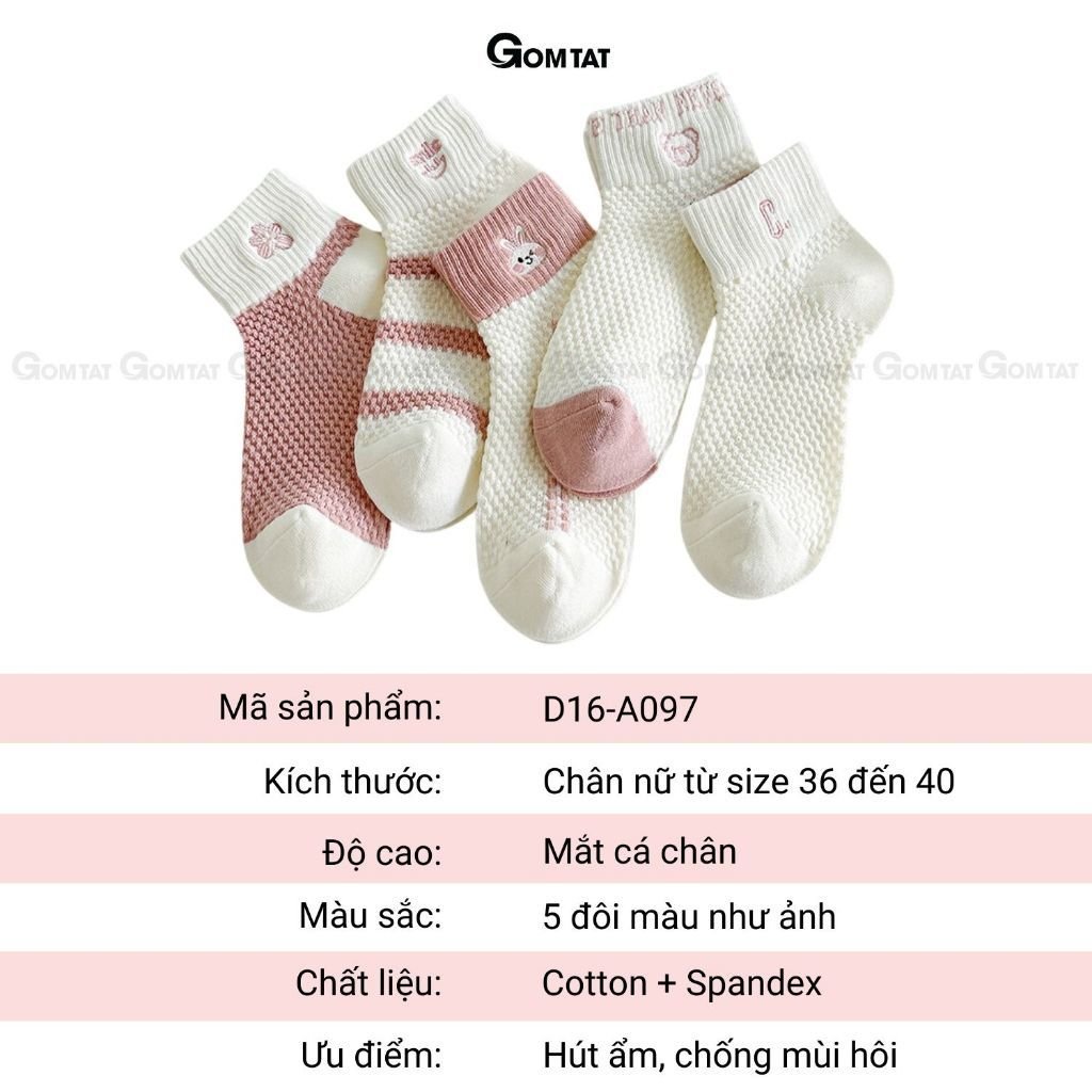 Combo 5 đôi tất vớ nữ cổ ngắn GOMTAT chất liệu cotton cao cấp, khử mùi êm chân, màu sắc siêu xinh - D16-A097