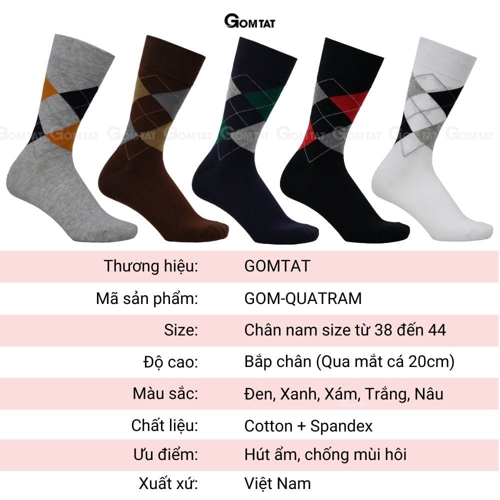 Hộp 5 đôi tất nam cao cổ đi giày tây GOMTAT hoạ tiết quả trám sợi cotton cao cấp - GOM-QUATRAM-CB5
