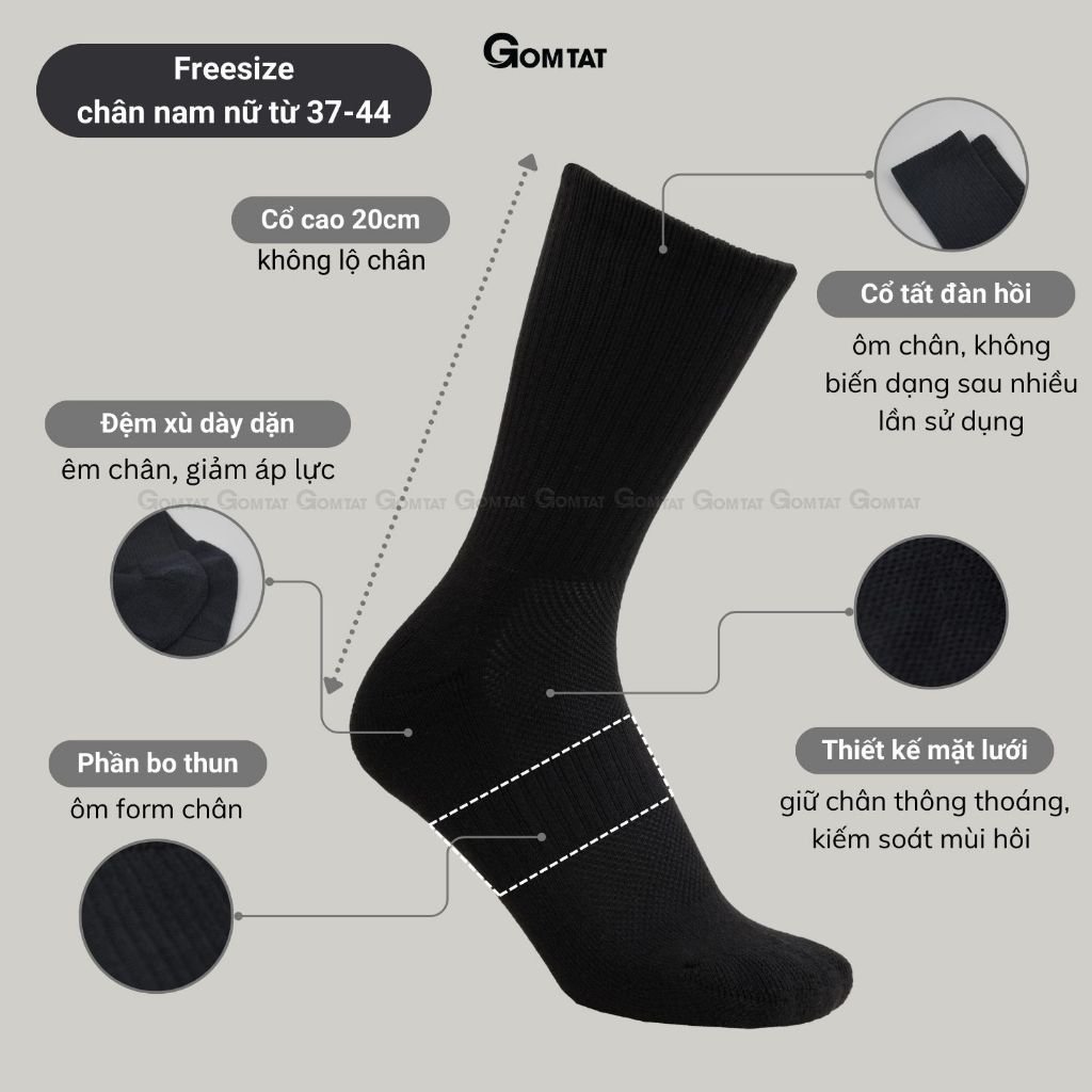 Combo 10 đôi tất cổ cao, cổ trung nam nữ GOMTAT, chất liệu cotton đệm xù êm chân - TATXU-TRON-CB10