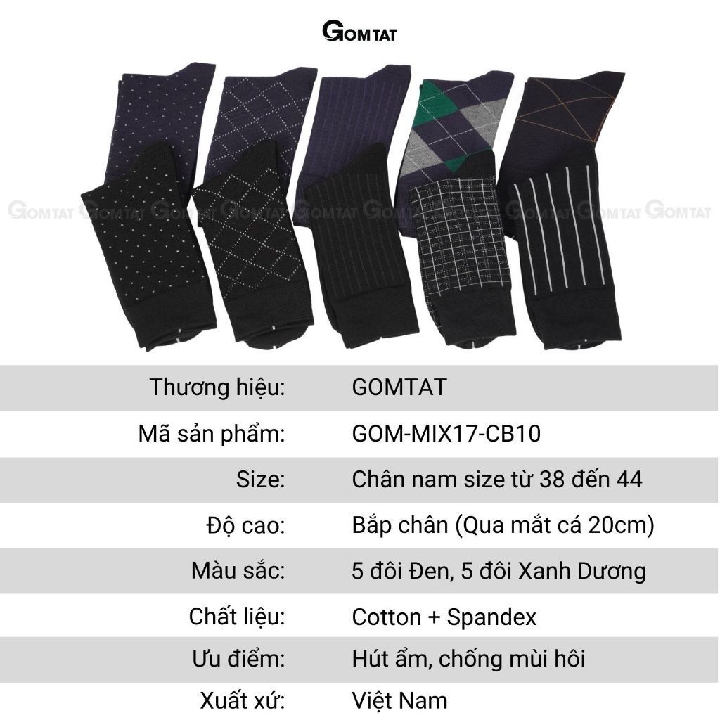 Hộp 10 đôi tất nam đi giày tây GOMTAT màu xanh và đen, vớ công sở nam cổ cao chất liệu cotton cao cấp - GOM-MIX17-CB10
