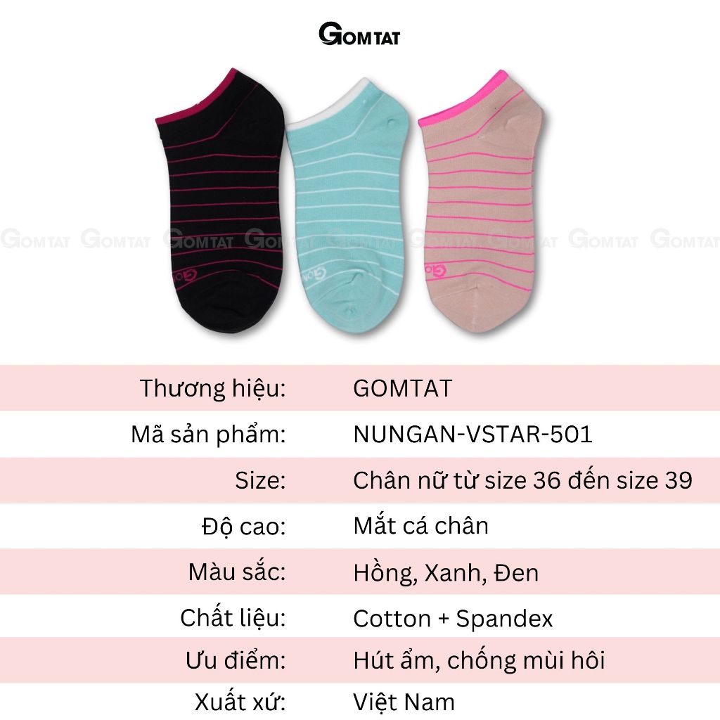 Tất nữ cổ thấp GOMTAT họa tiết kẻ sọc, chất liệu cotton hút ẩm thoáng khí khử mùi hôi  -NUNGAN-VSTAR-501-1DOI