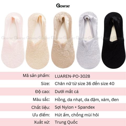 Set 5 đôi tất lười nữ đi giày búp bê GOMTAT, vớ vô hình chất liệu lụa phối ren cao cấp, có bo thun chống tuột gót - LUAREN-PO-3028-CB5 