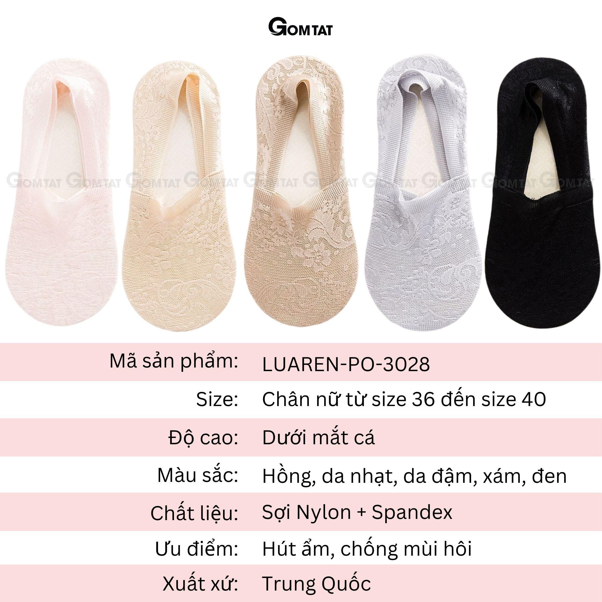 Set 5 đôi tất lười nữ đi giày búp bê GOMTAT, vớ vô hình chất liệu lụa phối ren cao cấp, có bo thun chống tuột gót - LUAREN-PO-3028-CB5