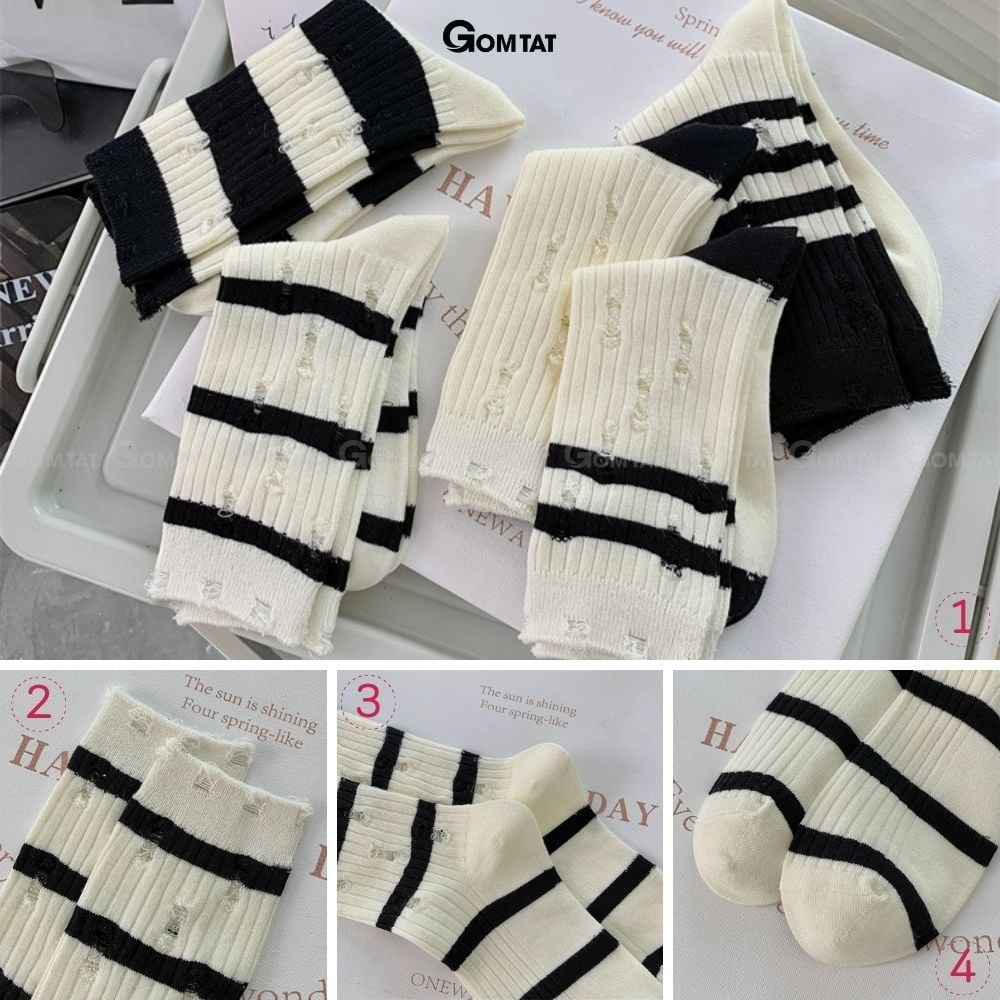 Combo 5 đôi tất nam nữ cao cổ kiểu rách GOMTAT phong cách Hàn Quốc, sợi cotton mềm mại, thoáng mát - CAOWASH-PO-3025-CB5