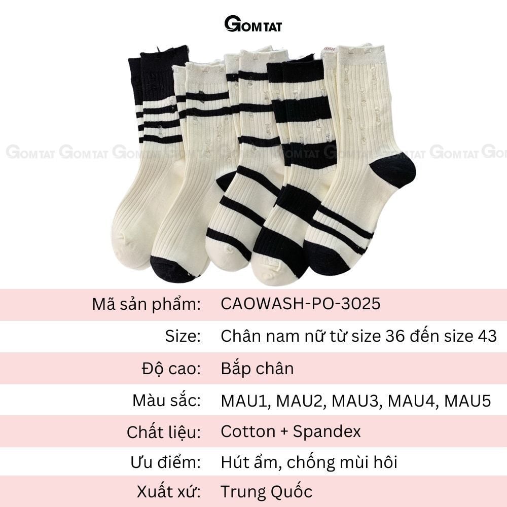 Combo 5 đôi tất nam nữ cao cổ kiểu rách GOMTAT phong cách Hàn Quốc, sợi cotton mềm mại, thoáng mát - CAOWASH-PO-3025-CB5