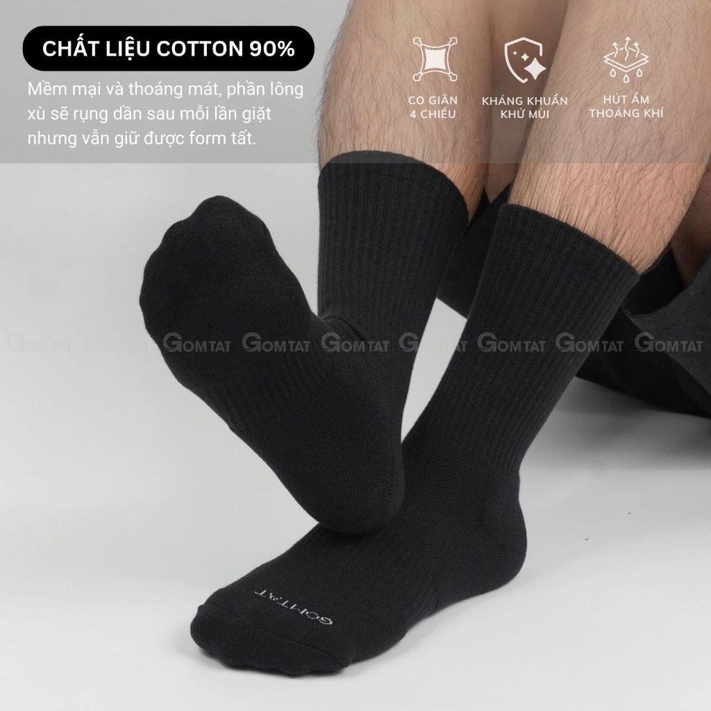 Combo 10 đôi vớ nam nữ màu đen GOMTAT, chất liệu cotton cao cấp, thoáng mát, có lớp xù êm chân - STA-5009-CB10