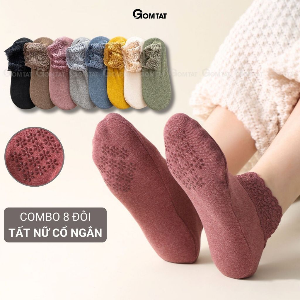 Set 8 đôi tất cổ thấp nữ cao cấp có đệm chống trượt GOMTAT, vớ cổ ren nữ cổ ngắn chất liệu cotton mềm mịn - D16-A065
