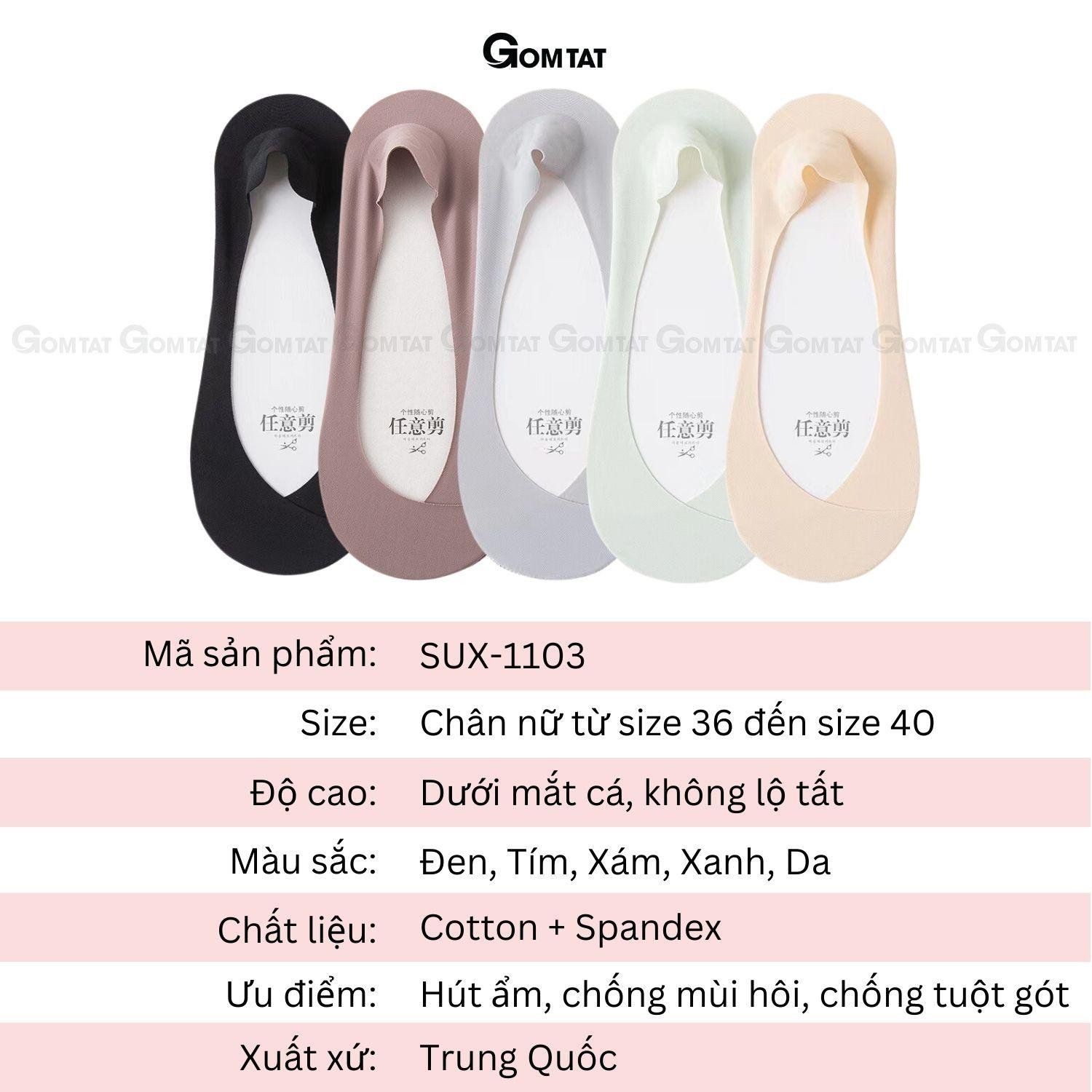 Tất hài nữ mùa hè đi giày cao gót, giày lười GOMTAT, vớ nữ Xanh có đệm cao su chống tuột, chất liệu êm chân hút ẩm, Tím - SUX-1103-1DOI