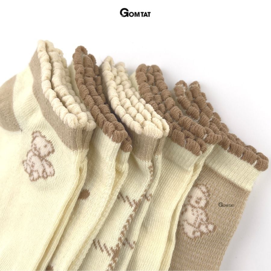 Set 5 đôi vớ nữ cổ ngắn GOMTAT họa tiết màu nâu dễ thương, chất liệu mềm mỏng thoáng mát, êm chân  -CB086