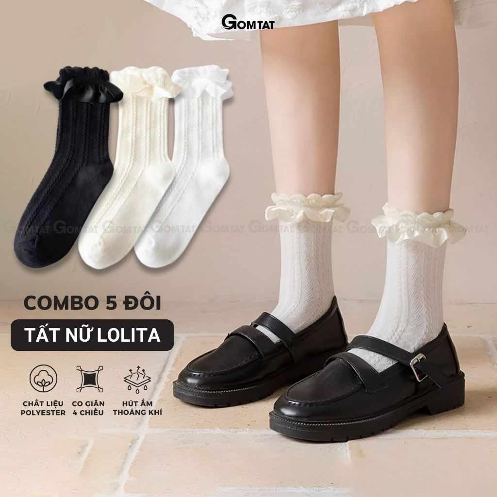 Combo 5 đôi tất lolita nữ cổ trung GOMTAT, chất liệu polyester mềm mịn, thiết kế viền ren dễ thương - HOT-1802-CB5