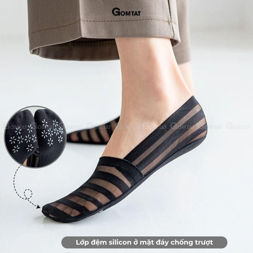 Tất lười nữ GOMTAT cao cấp, vớ mang giày lười sọc ngang chất liệu cotton hút ẩm thoáng khí khử mùi, tất vớ lười có đệm silicone chống tuột - D16-A075-1DOI