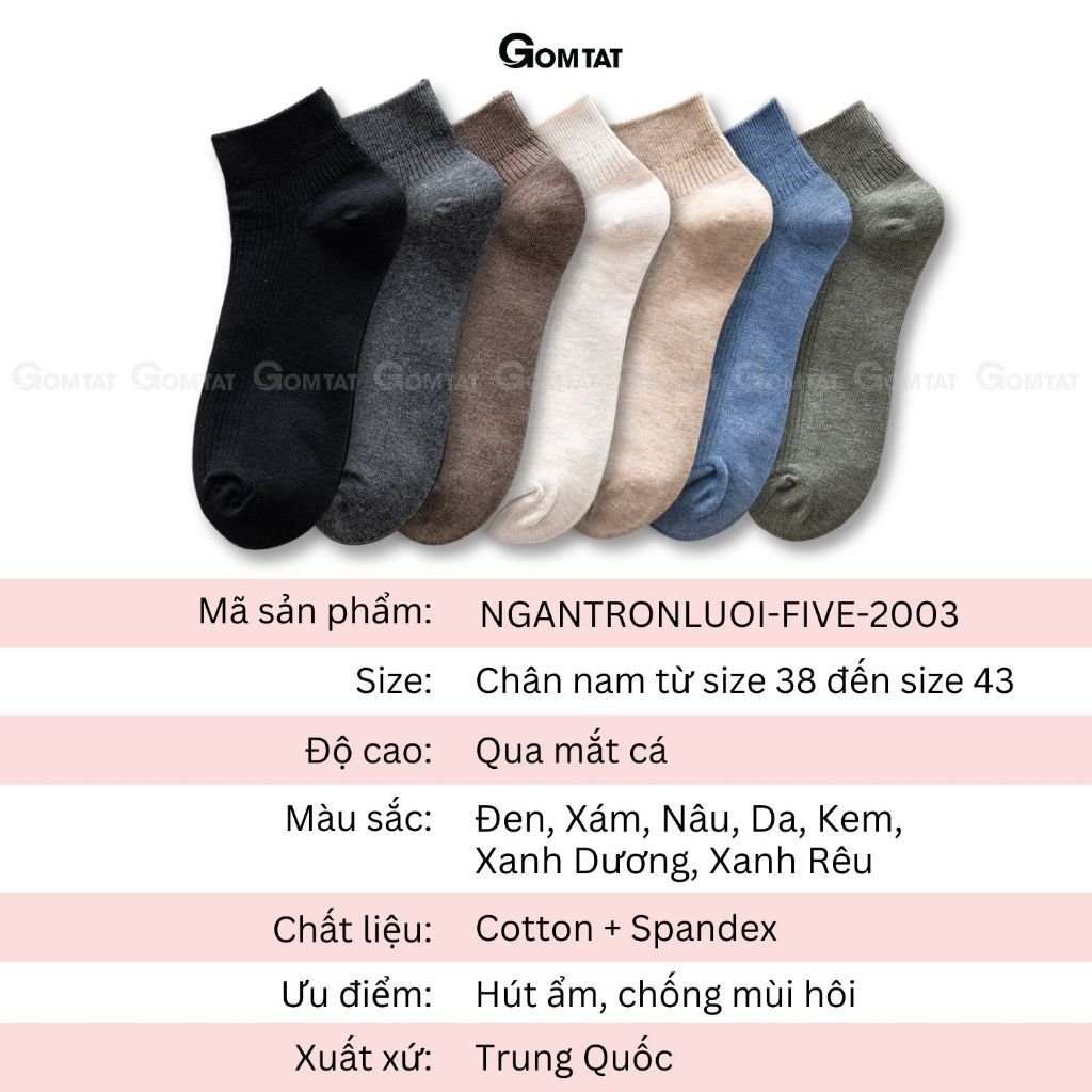 Combo 10 đôi tất cổ ngắn nam GOMTAT trơn, chất cotton hút ẩm thoáng khí - NGANTRON-FIVE-2003-CB10