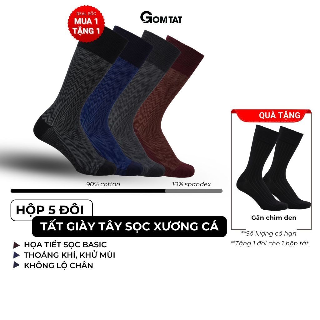 Hộp 4 đôi tất nam công sở GOMTAT mẫu sọc xương cá, chất liệu cotton cao cấp thoáng khí êm chân  -GOM-MIX14-CB4