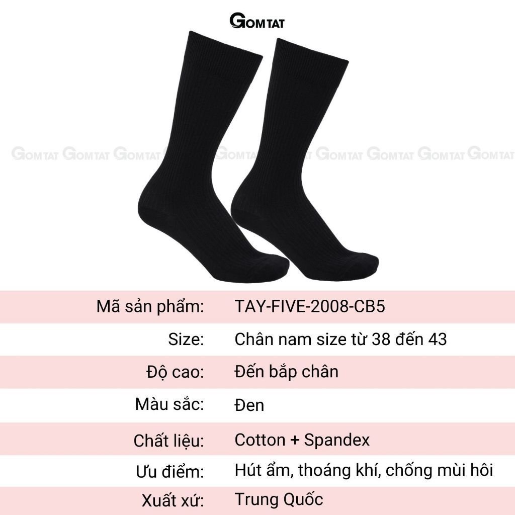 Hộp 5 đôi tất nam cổ cao màu đen GOMTAT, vớ đen cao cổ basic cotton thoáng khí - TAY-FIVE-2008-CB5