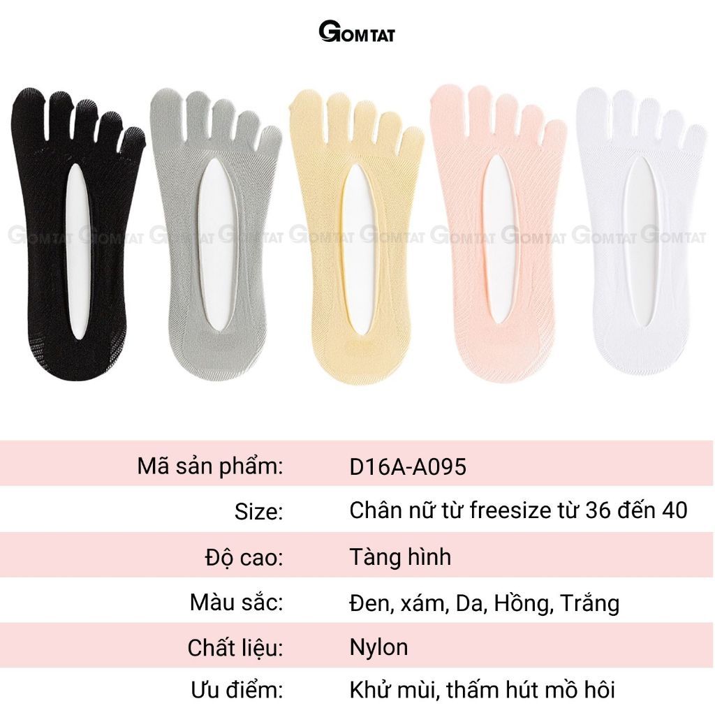 Set 5 đôi tất chân xỏ ngón GOMTAT, chất liệu sợi nylon mềm mịn, hút ẩm thoáng khí, khử mùi êm chân - D16-A095-CB5