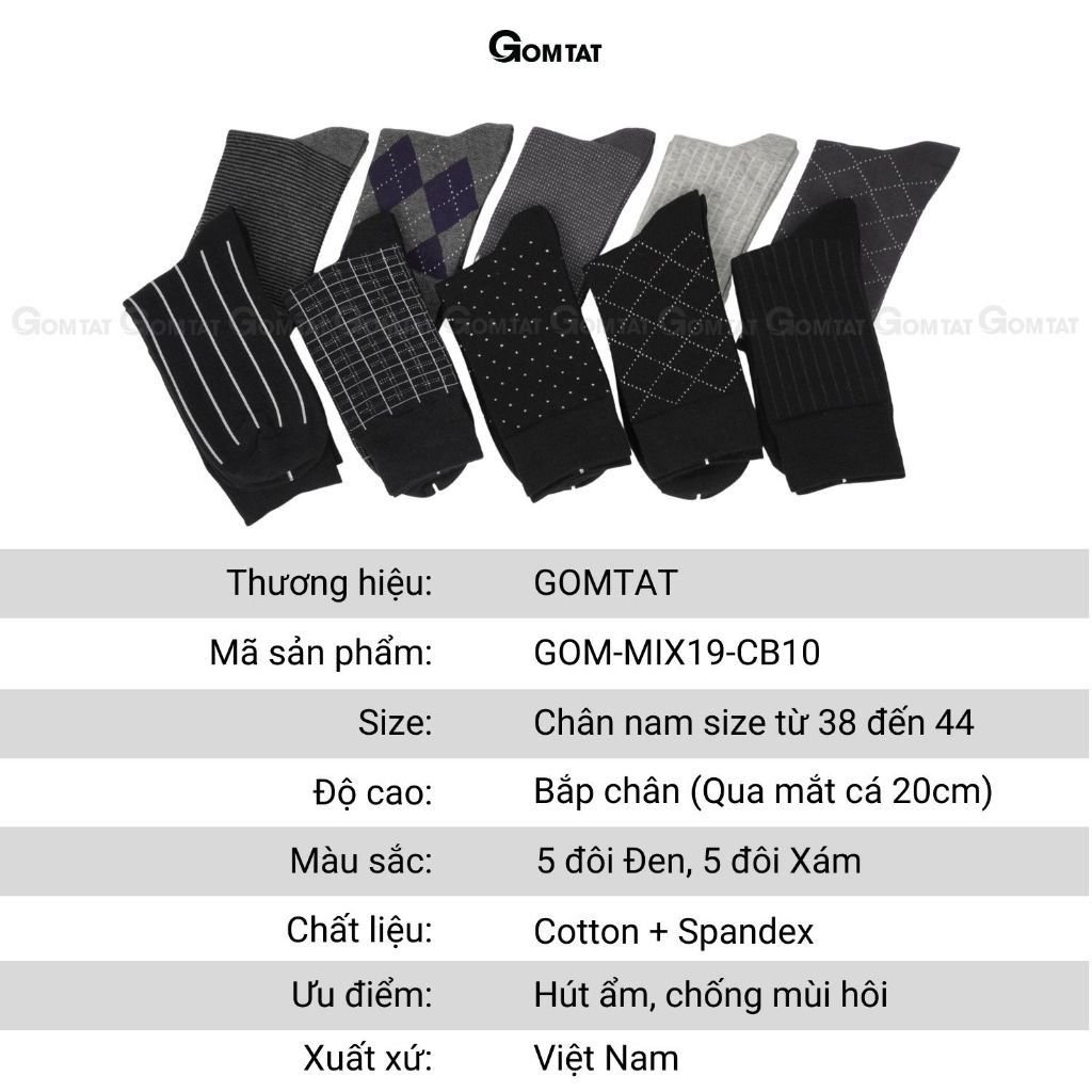 Hộp 10 đôi tất nam giày tây công sở GOMTAT màu đen và xám, chất liệu cotton thoáng mát, khử mùi - GOM-MIX19-CB10