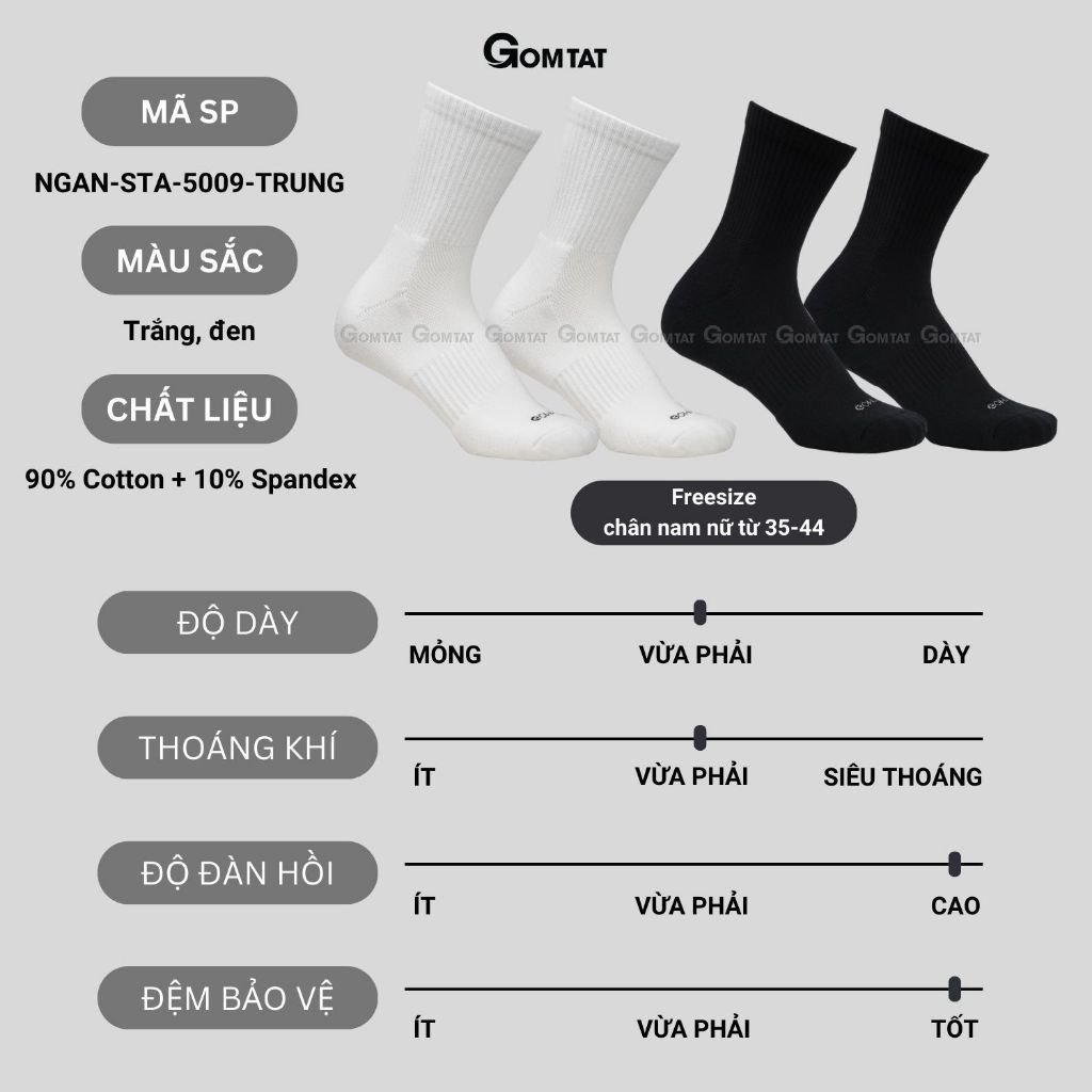 Combo 5 đôi vớ nam nữ cổ lửng GOMTAT, chất liệu cotton dày dặn, có đệm lót xù êm chân - STA-5009-TRUNG-CB5