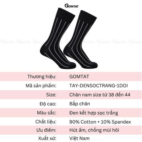  Tất nam công sở cổ cao GOMTAT, vớ đi giày tây mẫu sọc trắng đen, chất liệu cotton cao cấp Menswear - TAY-DENSOCTRANG-1DOI 