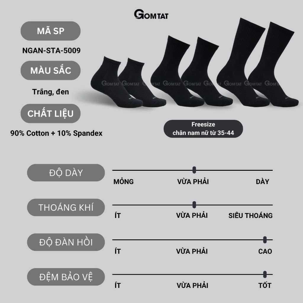 Combo 5 đôi tất đen nam nữ GOMTAT có đệm xù êm chân, sợi cotton dày dặn, khử mùi kháng khuẩn - STA-5009-CB5