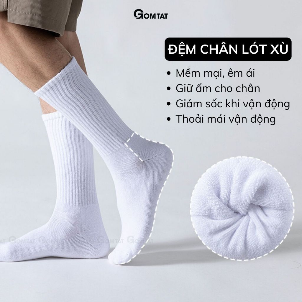 Hộp 5 đôi tất xù GOMTAT cổ cao trơn nam nữ có đệm xù dày chất liệu cotton êm chân - TATXU-TRON-CB5