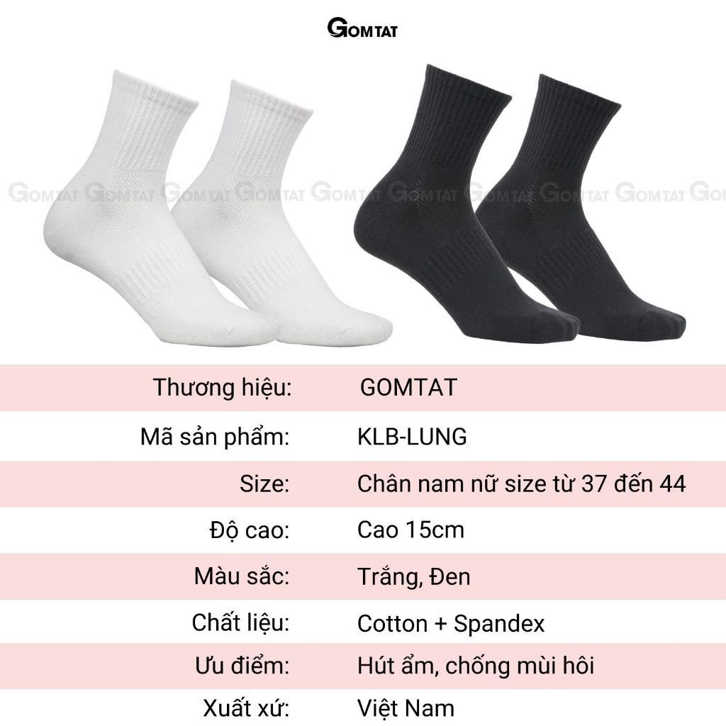 Combo 5 đôi tất cổ trung nam nữ GOMTAT chất liệu cotton cao cấp, thiết kế mặt lưới thoáng khí - GOM-KLB-TRONLUNG-CB5
