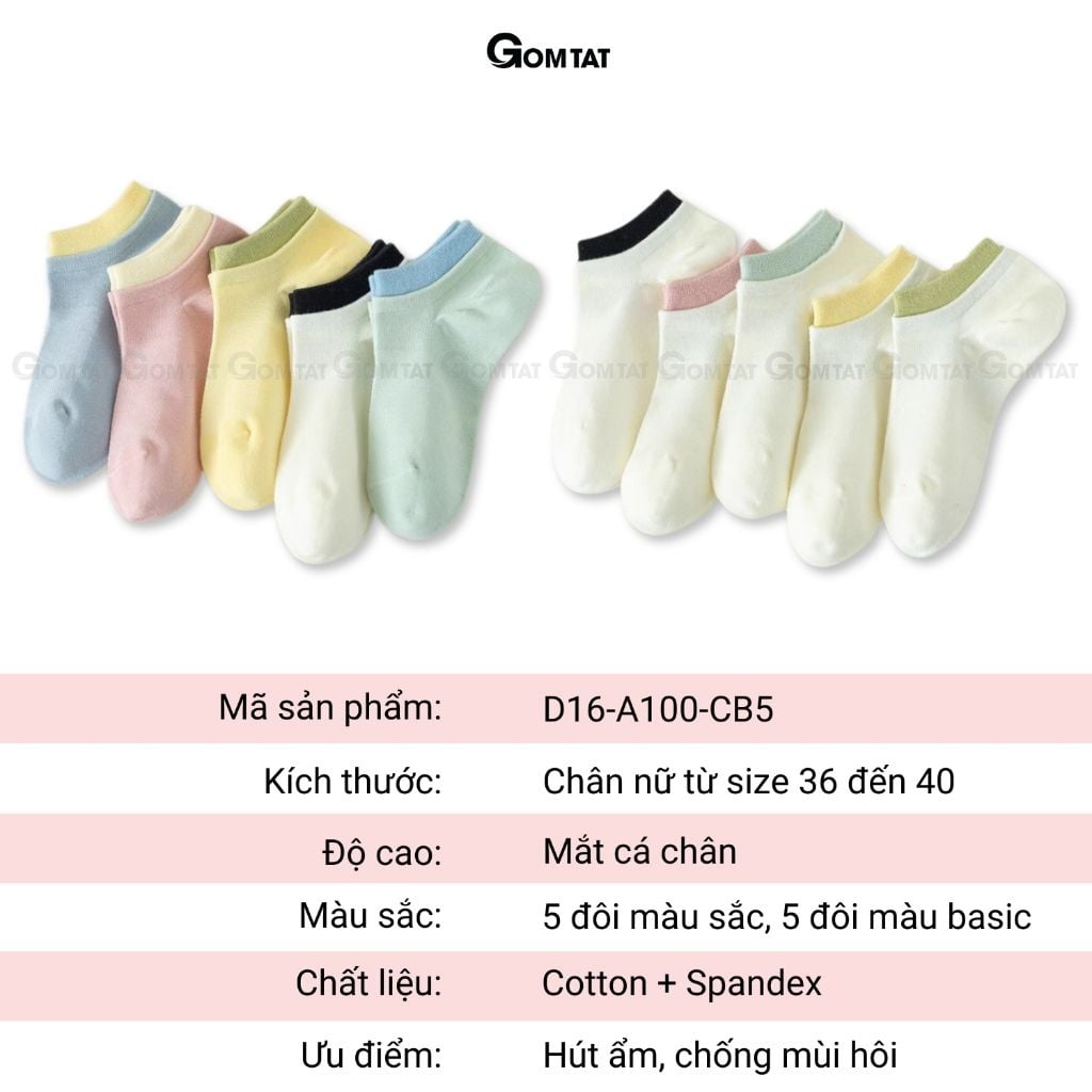 Combo 5 đôi tất chân nữ cổ ngắn chất liệu cotton cao cấp, vớ màu cho nữ mềm mại, êm chân hút ẩm thoáng khí -D16-A100-CB5