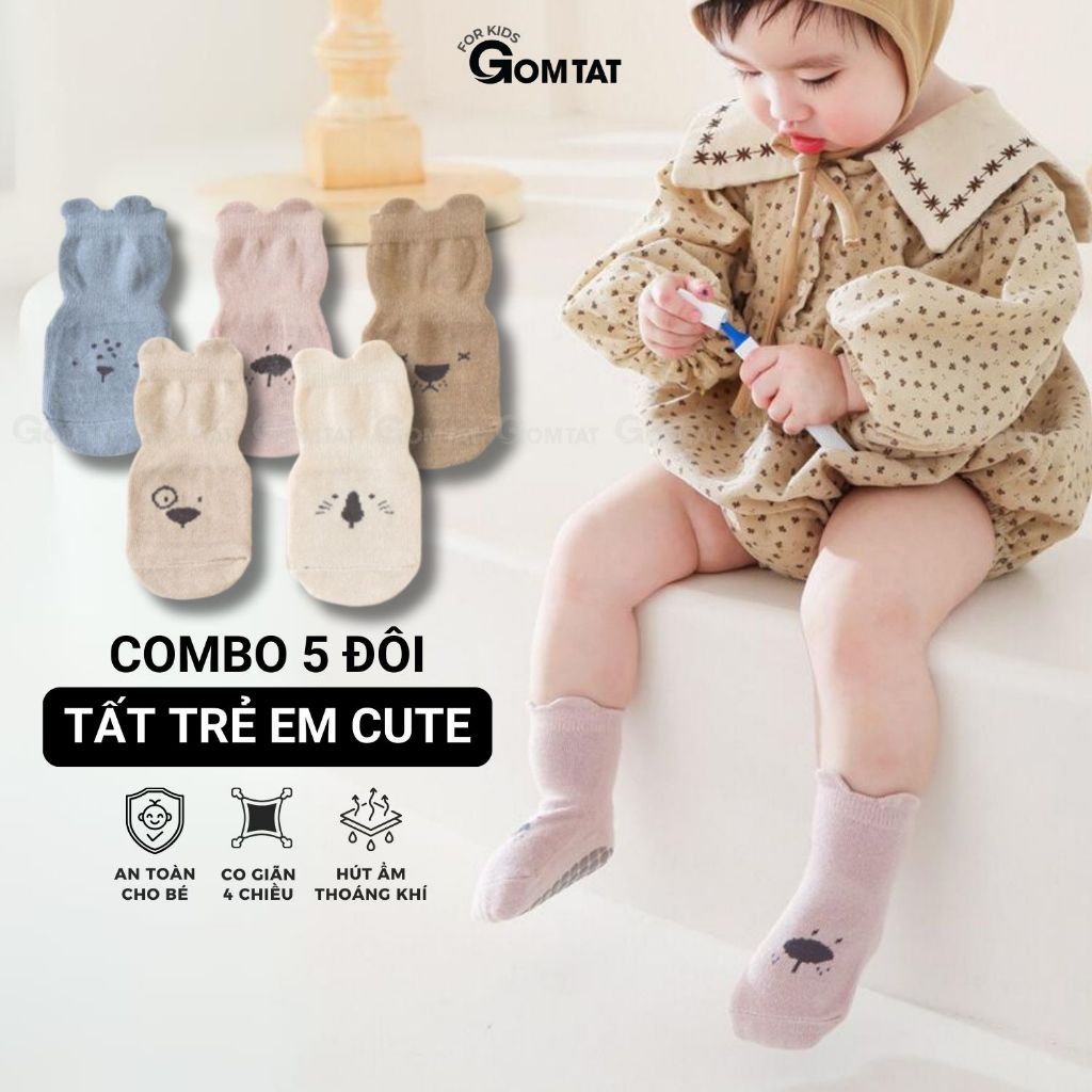 Combo 5 đôi tất tập đi chống trượt cho bé GOMTAT lót đệm silicon, an toàn cho da - YIQ-BC001-CB5