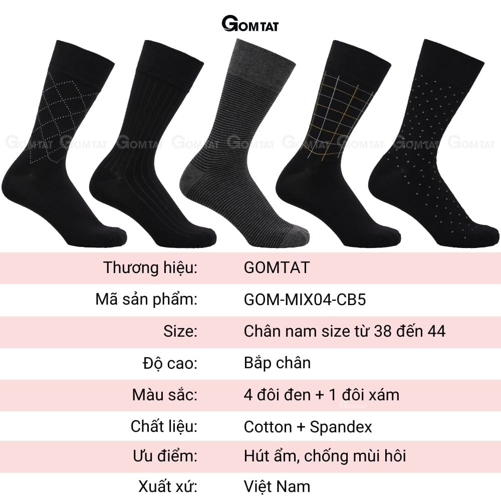 Hộp 5 đôi tất nam cổ cao công sở GOMTAT mẫu MIX04, vớ giày tây nam dài chất liệu cotton cao cấp - GOM-MIX04-CB5