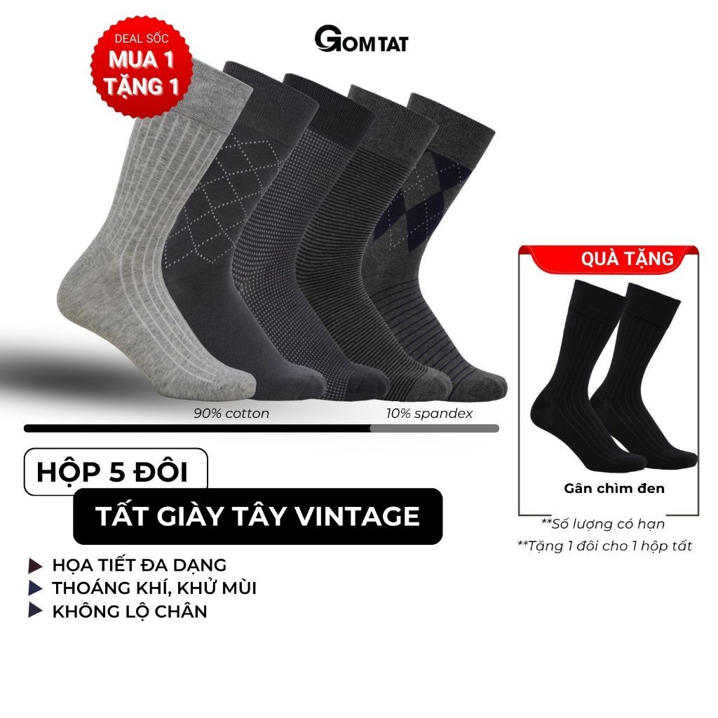Hộp 5 đôi tất nam cao cổ đi giày tây GOMTAT tone màu xám, vớ nam công sở cổ cao chất liệu cotton cao cấp - GOM-MIX15-CB5