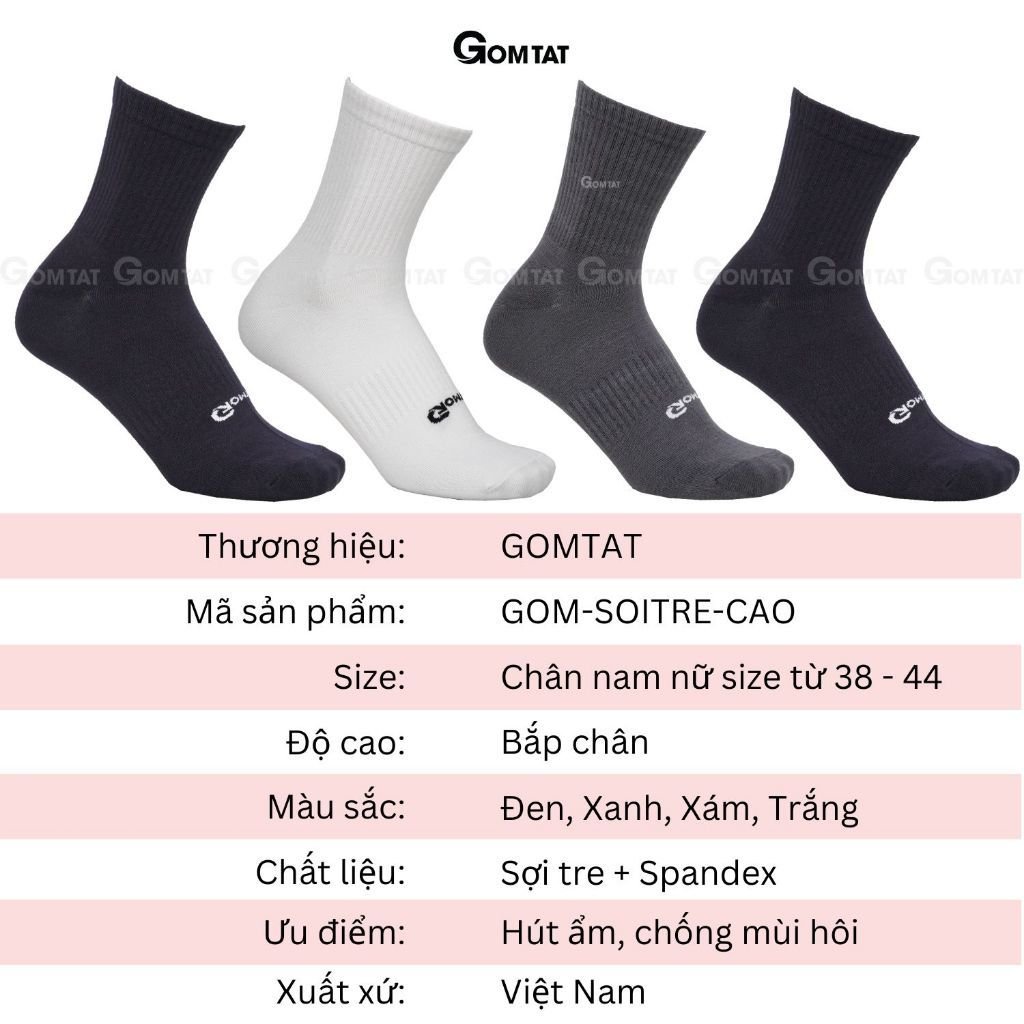 Hộp 4 đôi tất cổ lửng sợi tre nam GOMTAT cao cấp, vớ nam co giãn êm chân - GOMTAT-TRECAO-CB4