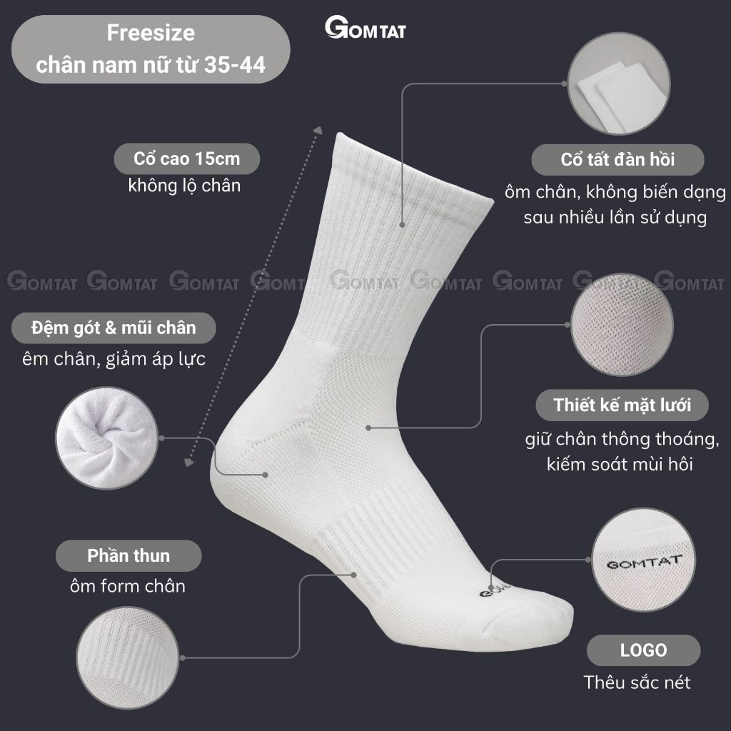 Combo 5 đôi vớ nam nữ cổ lửng GOMTAT, chất liệu cotton dày dặn, có đệm lót xù êm chân - STA-5009-TRUNG-CB5