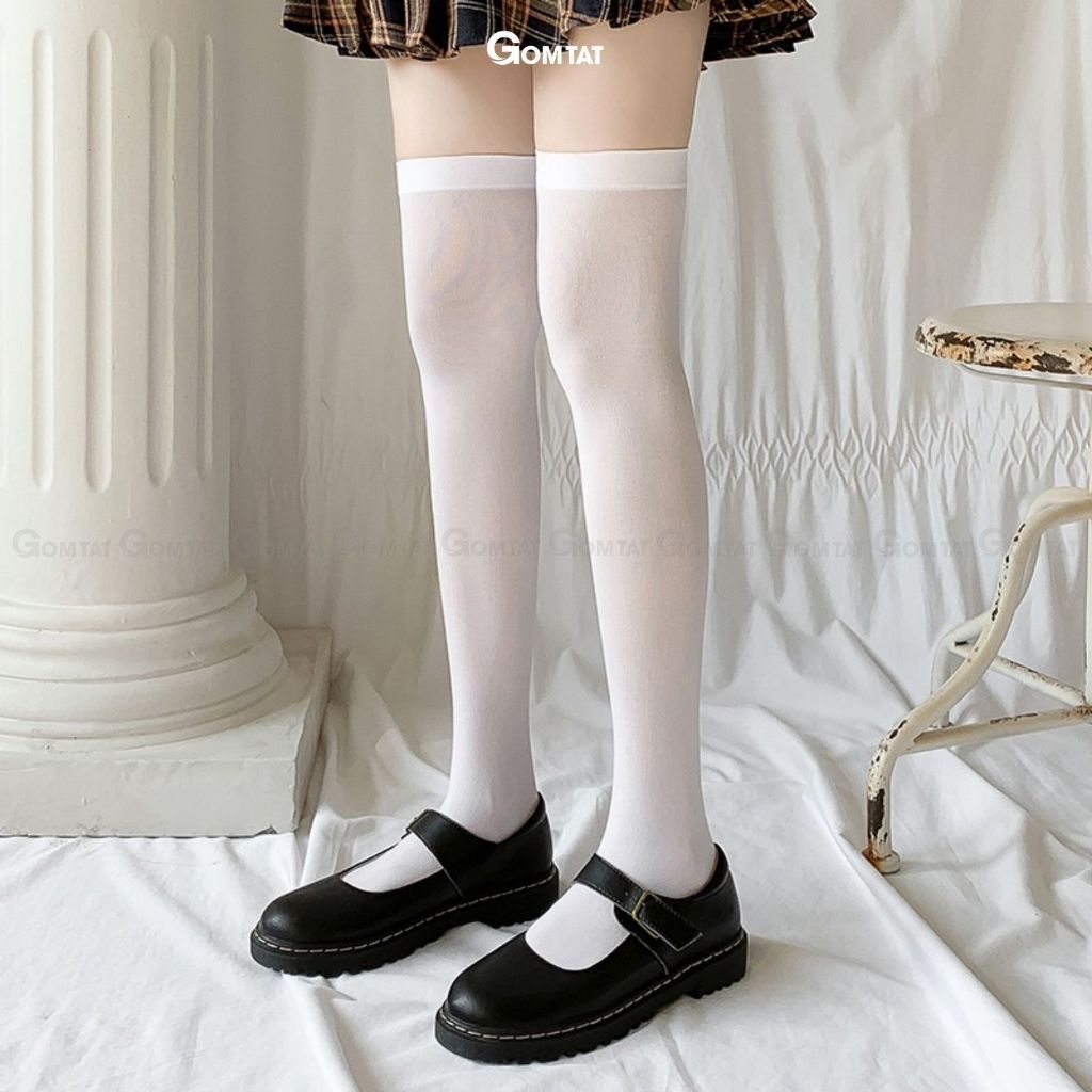Combo 5 đôi tất lolita nữ GOMTAT cổ cao, dưới gối và qua gối trơn trắng đen, chất liệu thun lạnh mềm mịn - HOT-1805-CB5